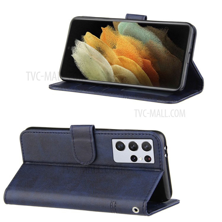 Full Protection Splicing Leather Phone Cover Case with Wallet Stand for Samsung Galaxy S21 Ultra 5G - Blue-2
