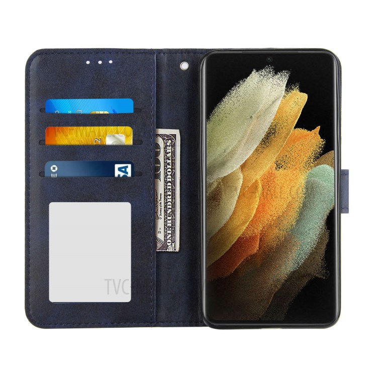 Full Protection Splicing Leather Phone Cover Case with Wallet Stand for Samsung Galaxy S21 Ultra 5G - Blue-3