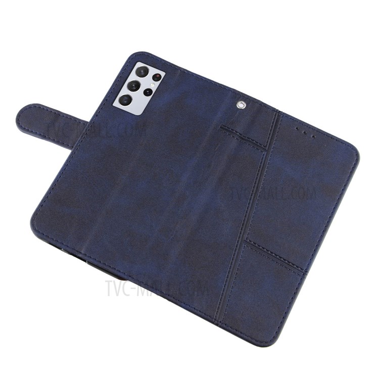 Full Protection Splicing Leather Phone Cover Case with Wallet Stand for Samsung Galaxy S21 Ultra 5G - Blue-6