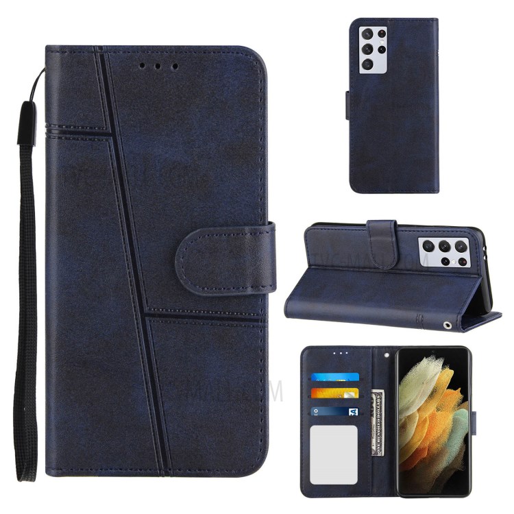 Full Protection Splicing Leather Phone Cover Case with Wallet Stand for Samsung Galaxy S21 Ultra 5G - Blue-7