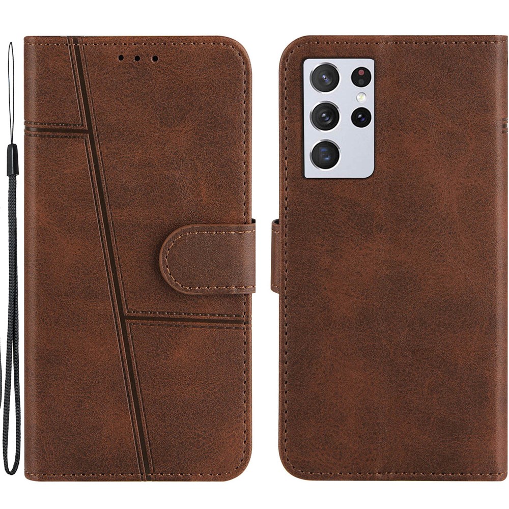 Full Protection Splicing Leather Phone Cover Case with Wallet Stand for Samsung Galaxy S21 Ultra 5G - Coffee-1