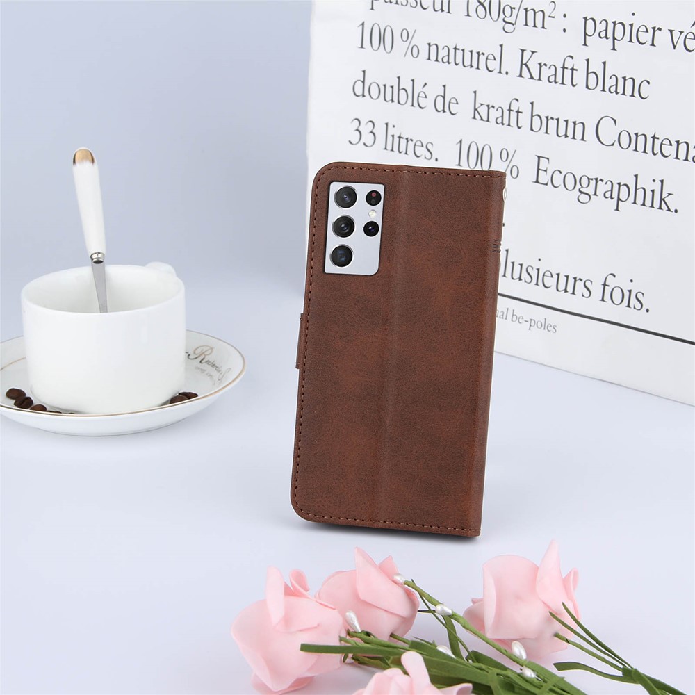 Full Protection Splicing Leather Phone Cover Case with Wallet Stand for Samsung Galaxy S21 Ultra 5G - Coffee-10