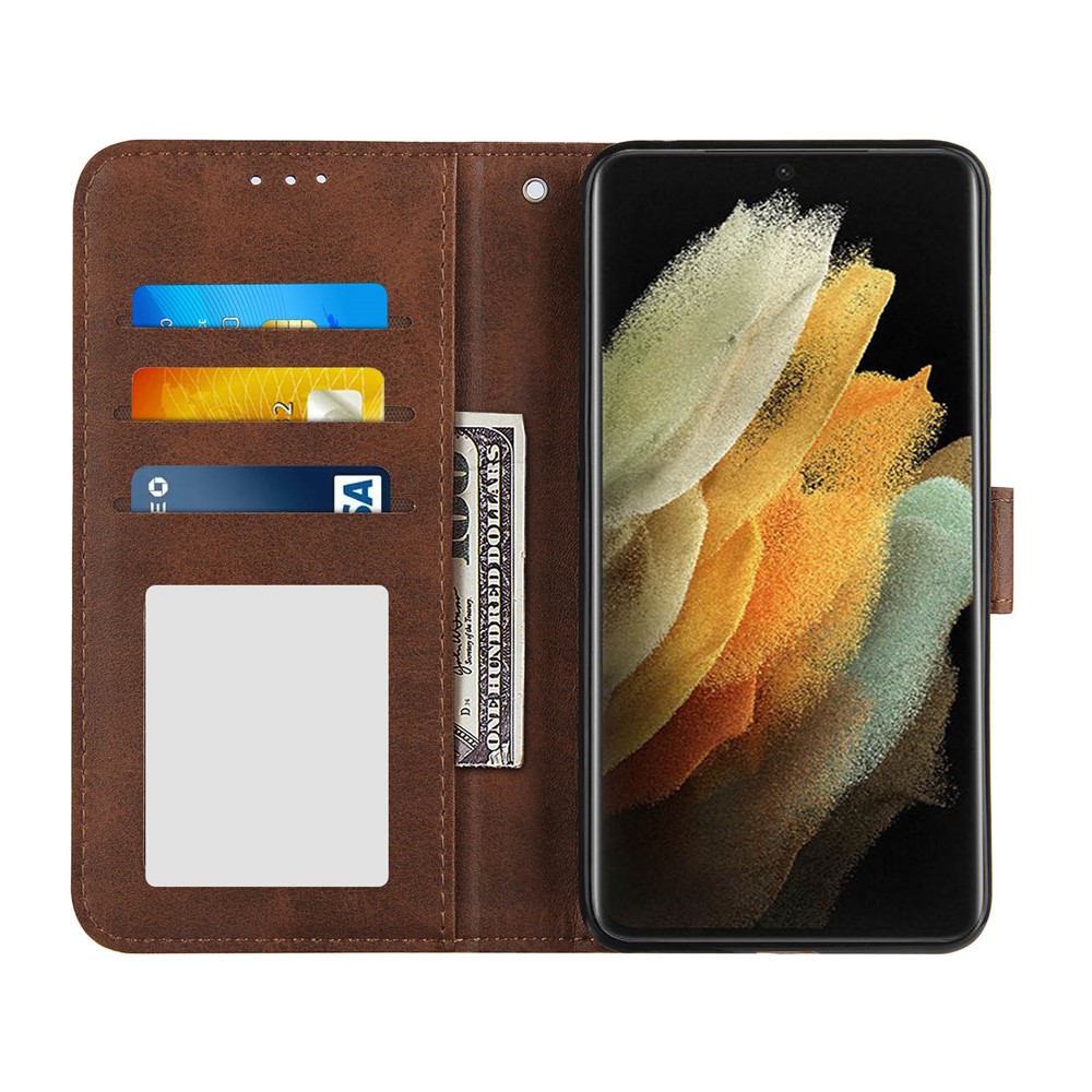 Full Protection Splicing Leather Phone Cover Case with Wallet Stand for Samsung Galaxy S21 Ultra 5G - Coffee-3