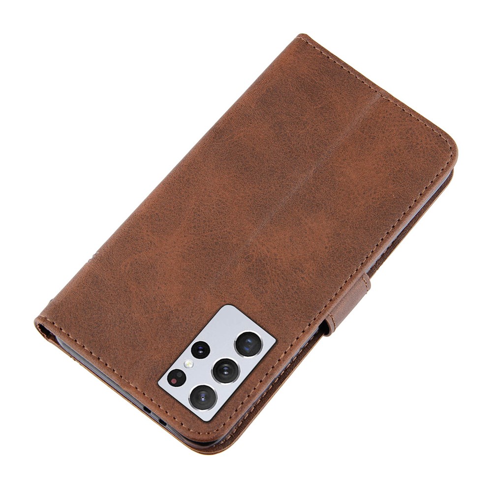 Full Protection Splicing Leather Phone Cover Case with Wallet Stand for Samsung Galaxy S21 Ultra 5G - Coffee-5
