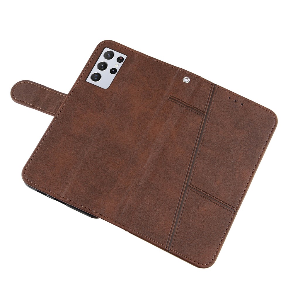 Full Protection Splicing Leather Phone Cover Case with Wallet Stand for Samsung Galaxy S21 Ultra 5G - Coffee-6