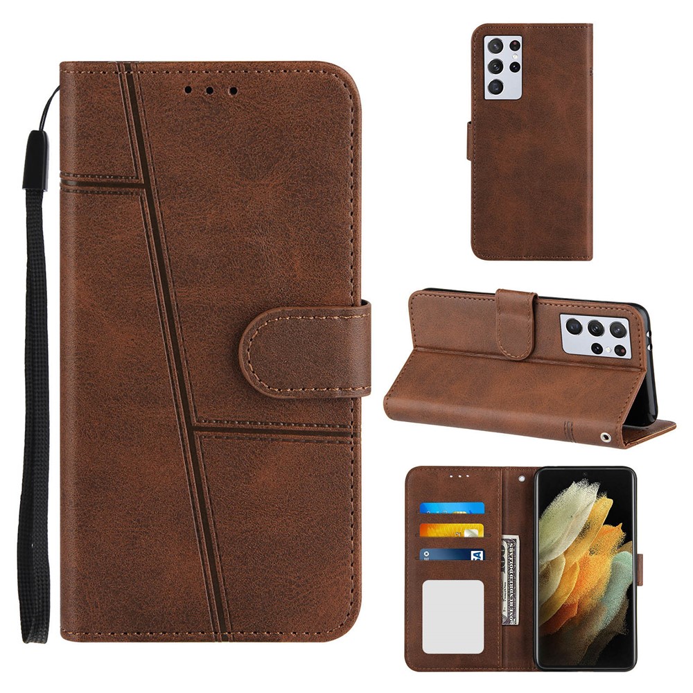 Full Protection Splicing Leather Phone Cover Case with Wallet Stand for Samsung Galaxy S21 Ultra 5G - Coffee-7