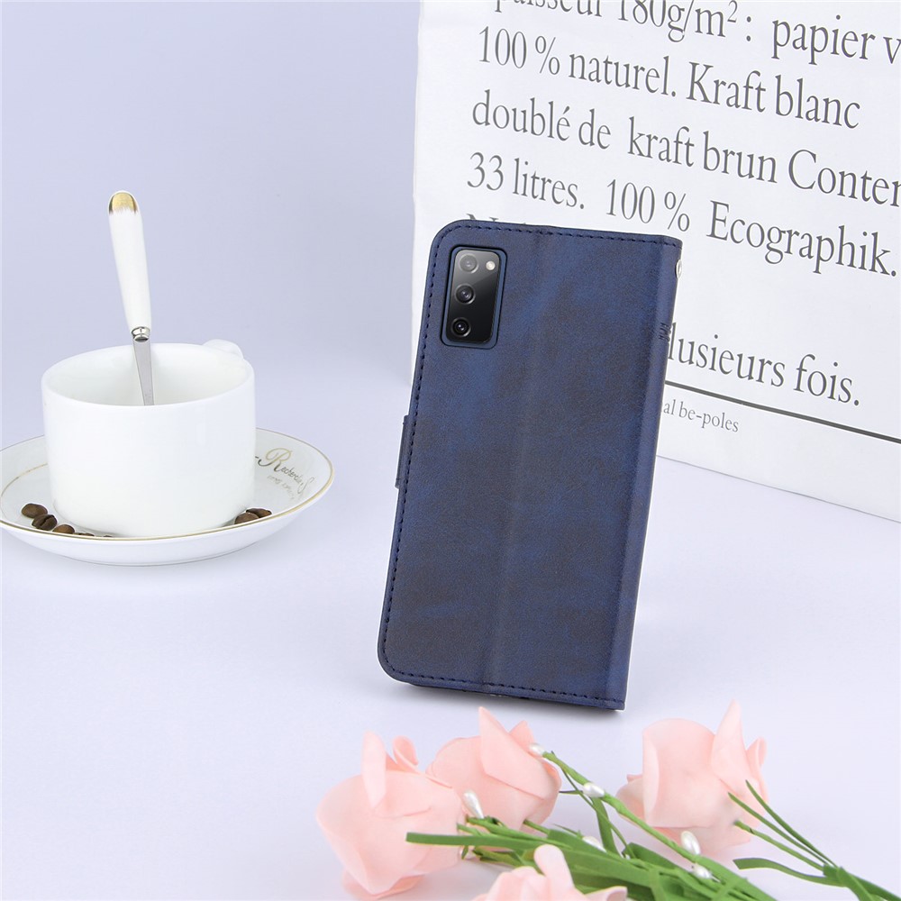 Full Protection Wallet Stand Design Concise Splicing Leather Phone Cover Case with Strap for Samsung Galaxy S20 FE/S20 Fan Edition/S20 FE 5G/S20 Fan Edition 5G - Blue-9