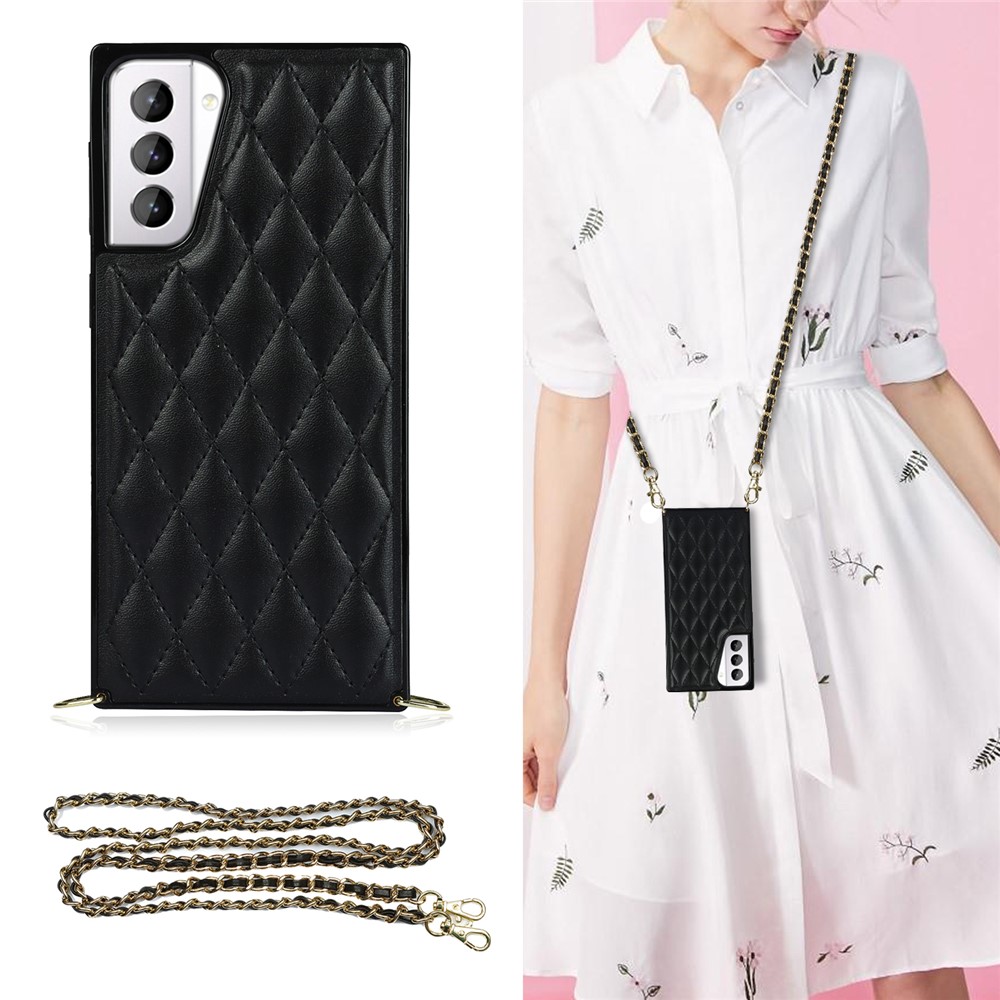 TPU + PU Leather Hybrid Case Stitching Rhombus Shock-Proof Cover Shell with Lanyard for Samsung Galaxy S21+ 5G - Black-1