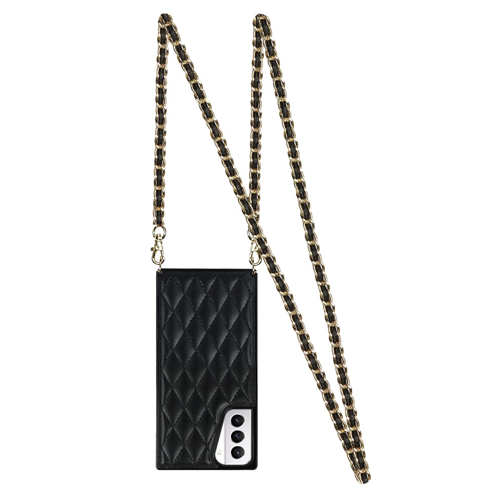 TPU + PU Leather Hybrid Case Stitching Rhombus Shock-Proof Cover Shell with Lanyard for Samsung Galaxy S21+ 5G - Black-10