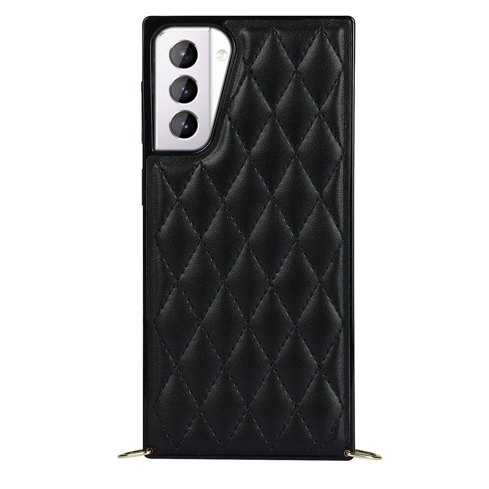 TPU + PU Leather Hybrid Case Stitching Rhombus Shock-Proof Cover Shell with Lanyard for Samsung Galaxy S21+ 5G - Black-12