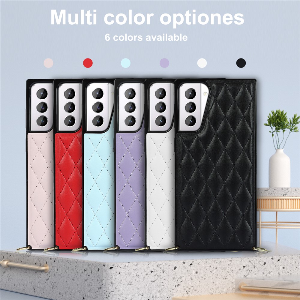 TPU + PU Leather Hybrid Case Stitching Rhombus Shock-Proof Cover Shell with Lanyard for Samsung Galaxy S21+ 5G - Black-13