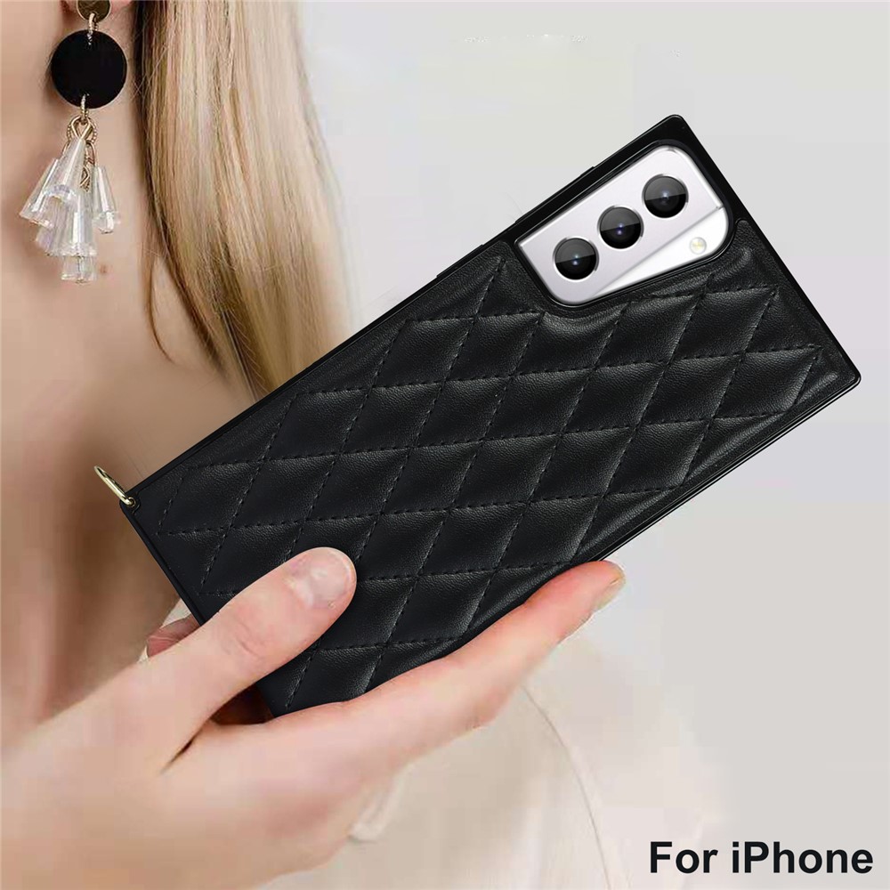 TPU + PU Leather Hybrid Case Stitching Rhombus Shock-Proof Cover Shell with Lanyard for Samsung Galaxy S21+ 5G - Black-4