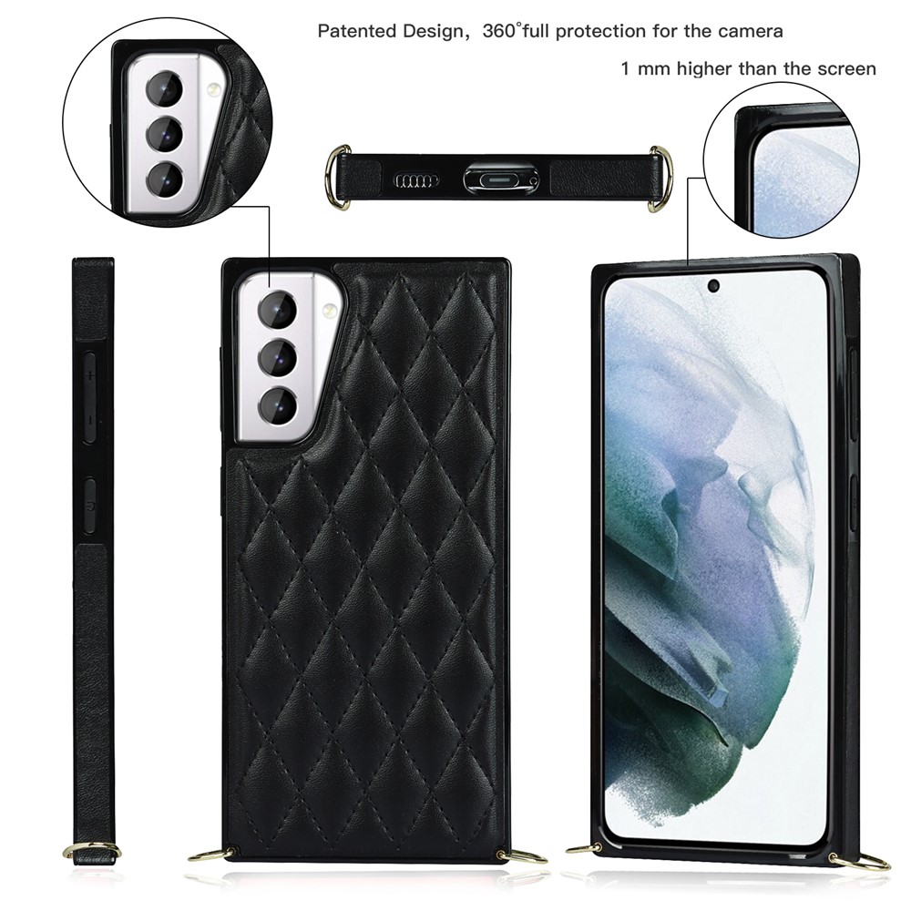 TPU + PU Leather Hybrid Case Stitching Rhombus Shock-Proof Cover Shell with Lanyard for Samsung Galaxy S21+ 5G - Black-5