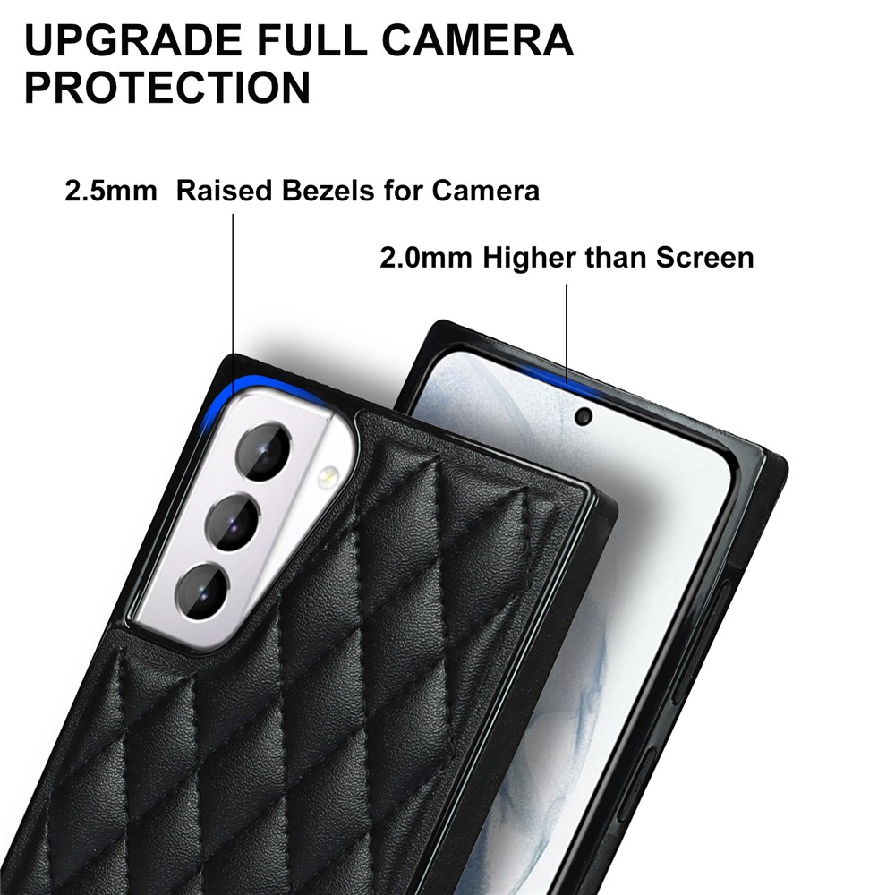 TPU + PU Leather Hybrid Case Stitching Rhombus Shock-Proof Cover Shell with Lanyard for Samsung Galaxy S21+ 5G - Black-7