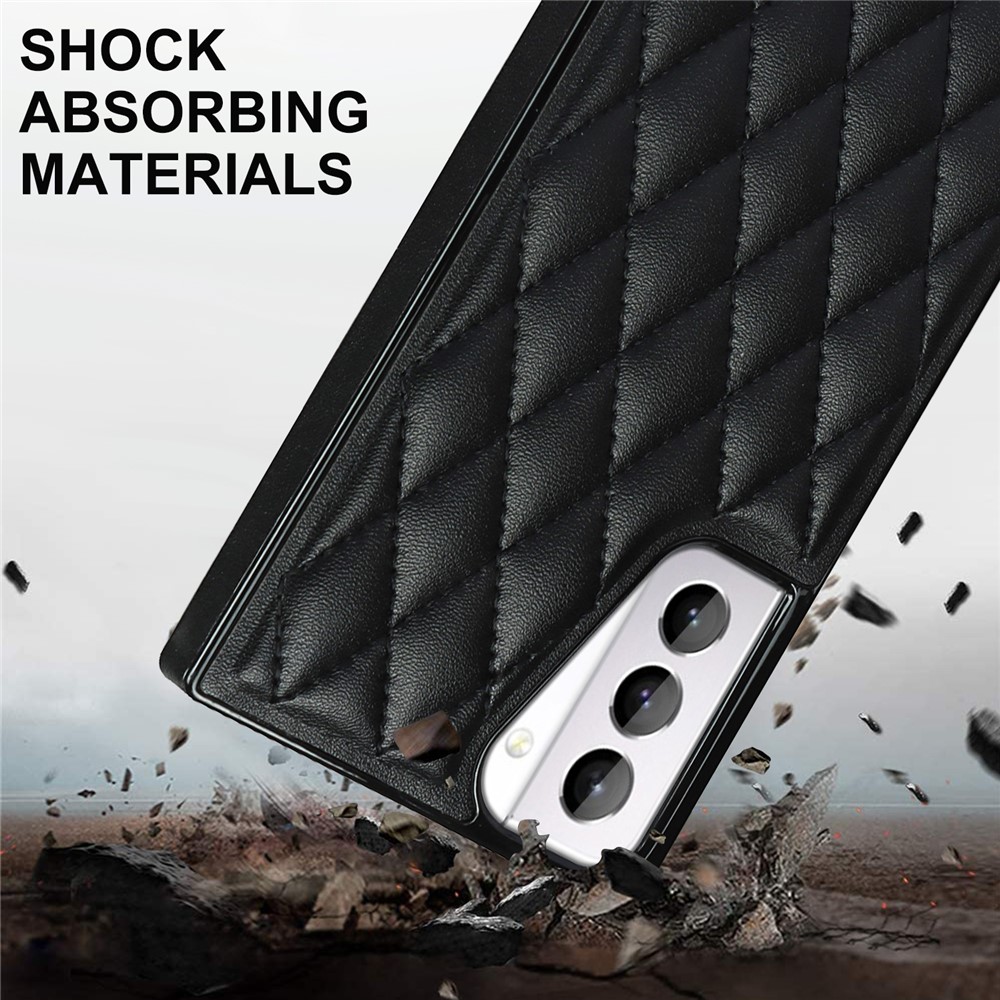 TPU + PU Leather Hybrid Case Stitching Rhombus Shock-Proof Cover Shell with Lanyard for Samsung Galaxy S21+ 5G - Black-8