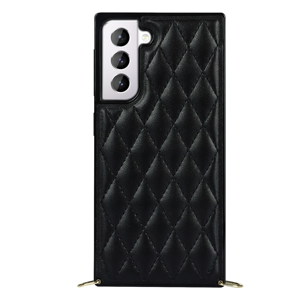 For Samsung Galaxy S21 5G TPU + PU Leather Hybrid Case Rhombus Cover Shell with Chain Lanyard - Black-12