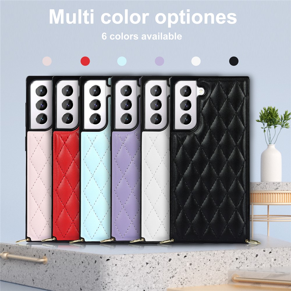 For Samsung Galaxy S21 5G TPU + PU Leather Hybrid Case Rhombus Cover Shell with Chain Lanyard - Black-13