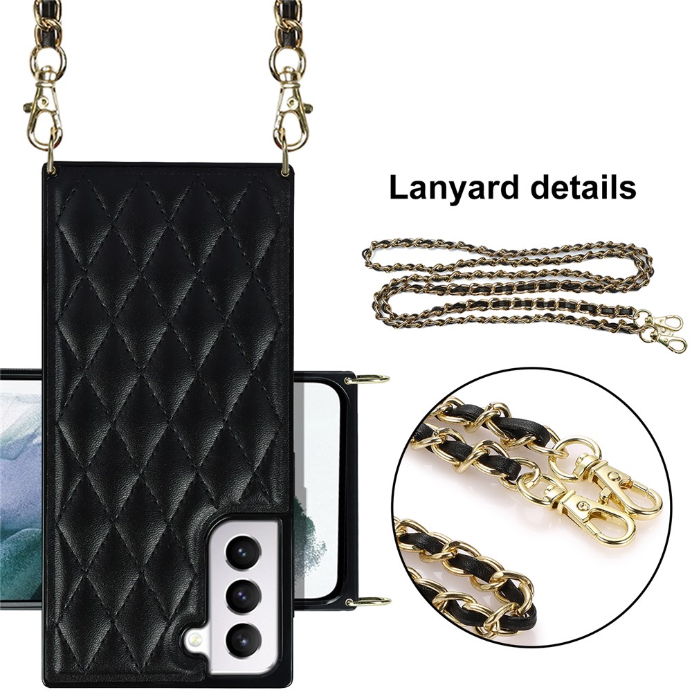 For Samsung Galaxy S21 5G TPU + PU Leather Hybrid Case Rhombus Cover Shell with Chain Lanyard - Black-3