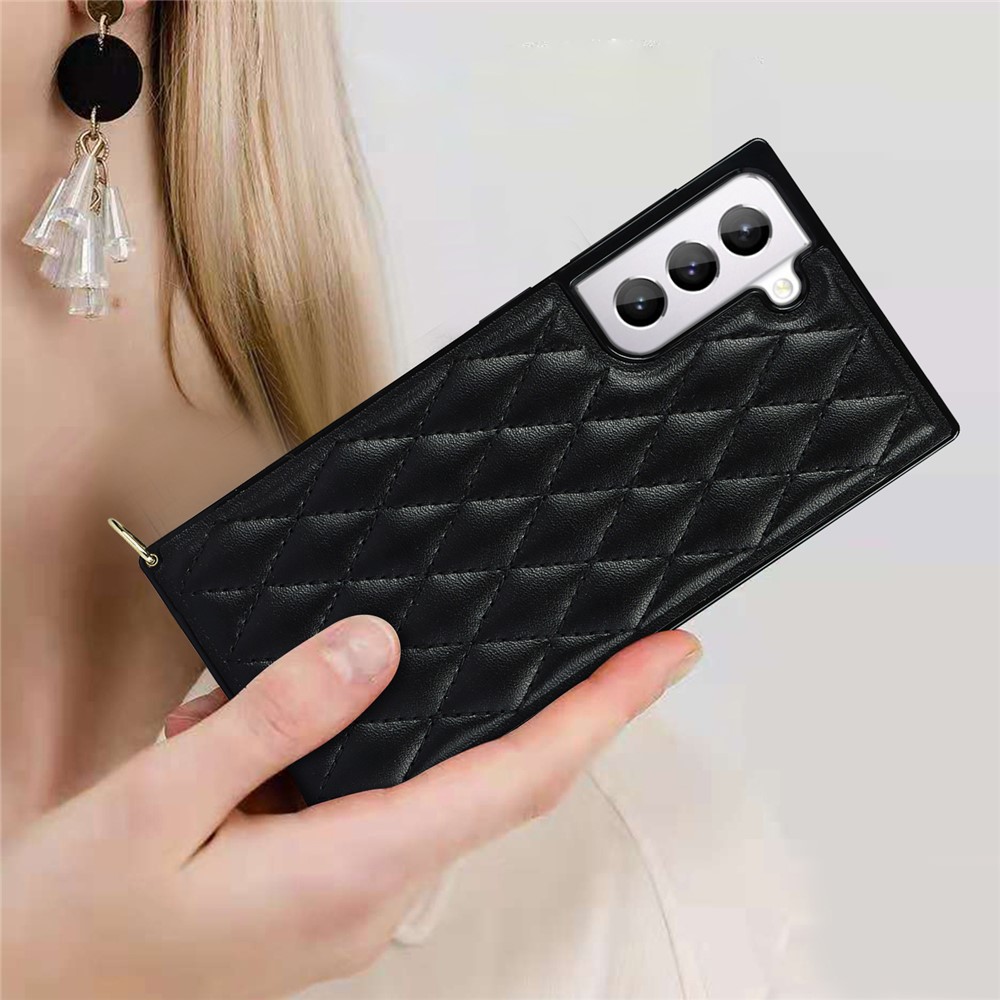 For Samsung Galaxy S21 5G TPU + PU Leather Hybrid Case Rhombus Cover Shell with Chain Lanyard - Black-4