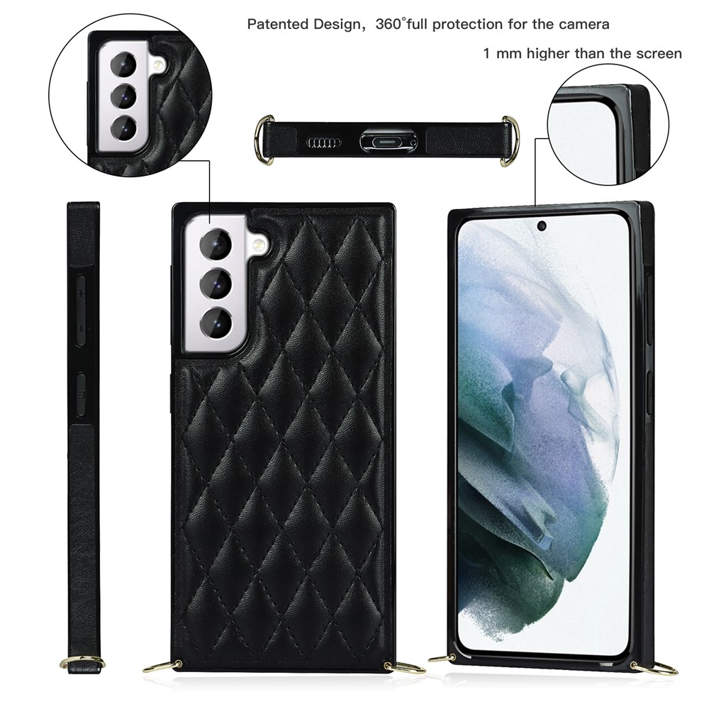 For Samsung Galaxy S21 5G TPU + PU Leather Hybrid Case Rhombus Cover Shell with Chain Lanyard - Black-5
