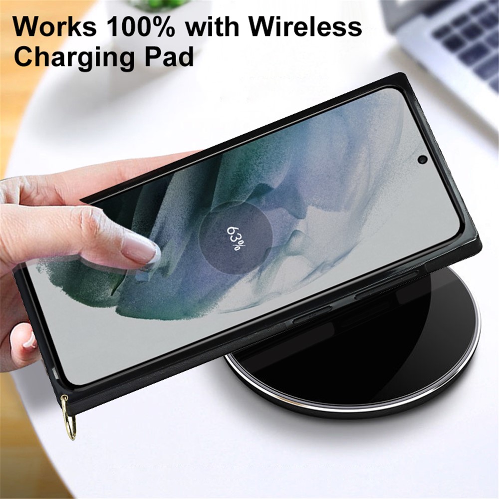 For Samsung Galaxy S21 5G TPU + PU Leather Hybrid Case Rhombus Cover Shell with Chain Lanyard - Black-9