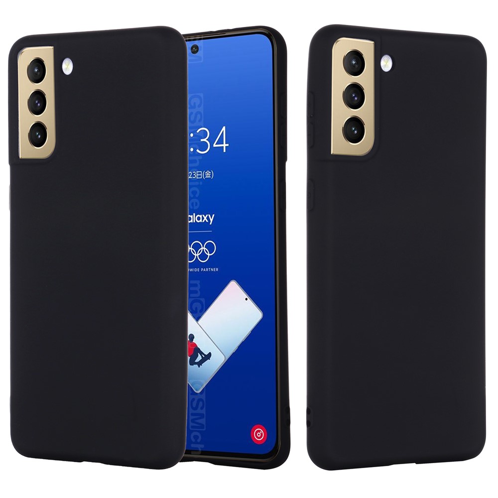 Solid Color Liquid Silicone Soft Phone Case Protective Shell with Strap for Samsung Galaxy S21 FE - Black-2