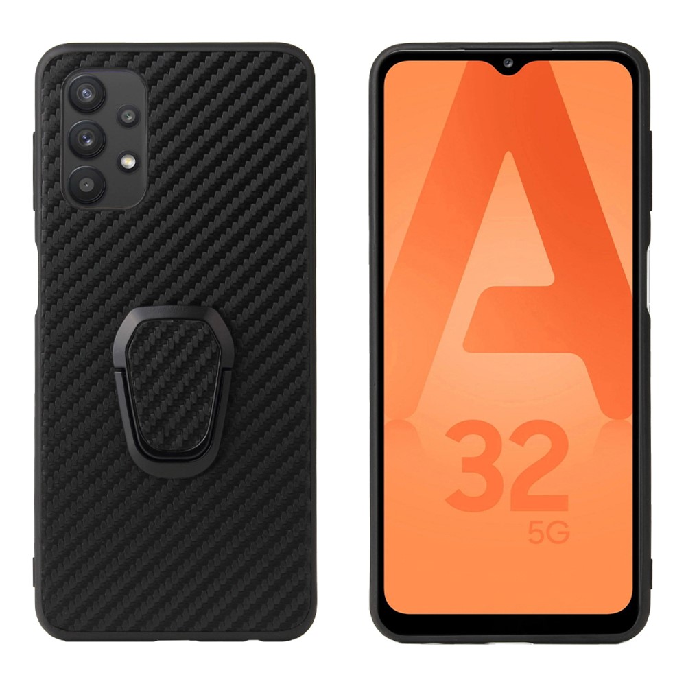 PU Leather Coated TPU Ring-Shape Kickstand Phone Cover Shell for Samsung Galaxy A32 5G - Carbon Fiber Texture-1