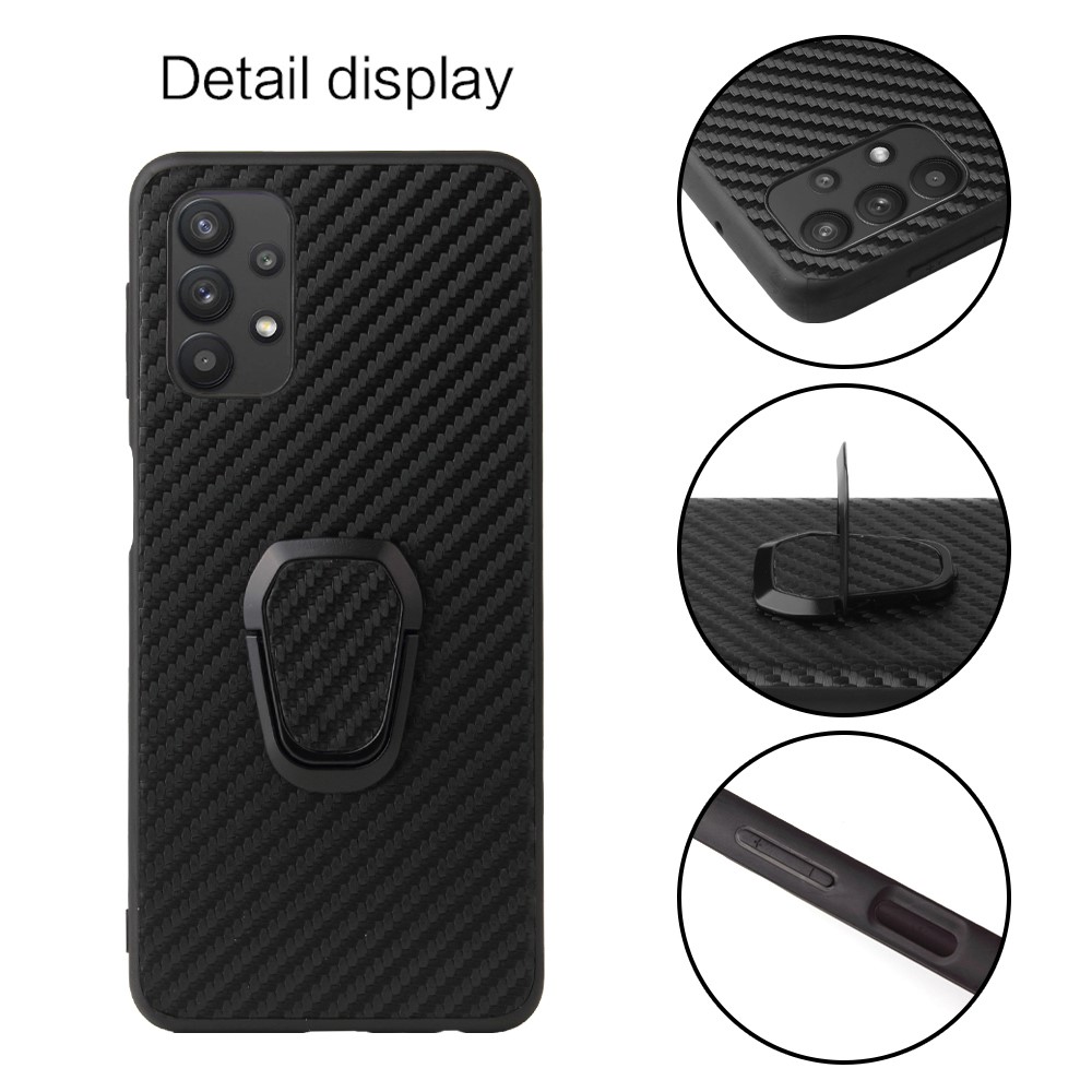 PU Leather Coated TPU Ring-Shape Kickstand Phone Cover Shell for Samsung Galaxy A32 5G - Carbon Fiber Texture-2