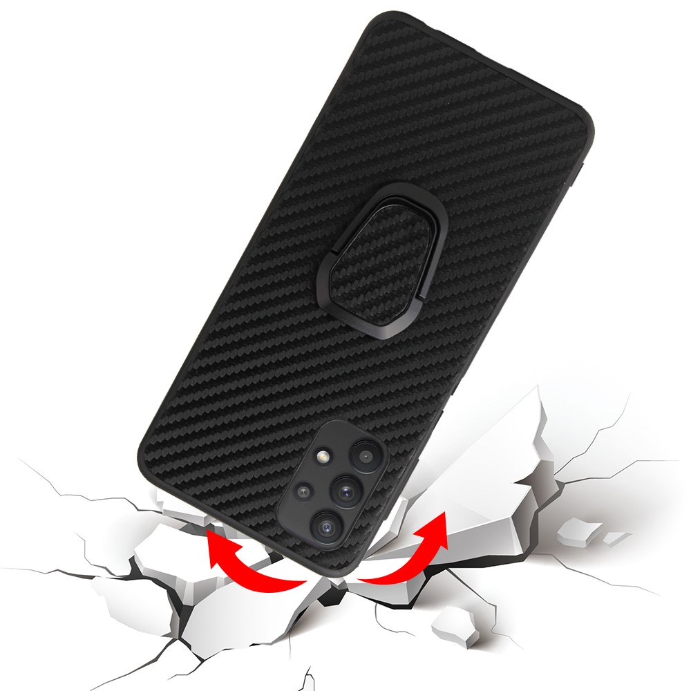PU Leather Coated TPU Ring-Shape Kickstand Phone Cover Shell for Samsung Galaxy A32 5G - Carbon Fiber Texture-3