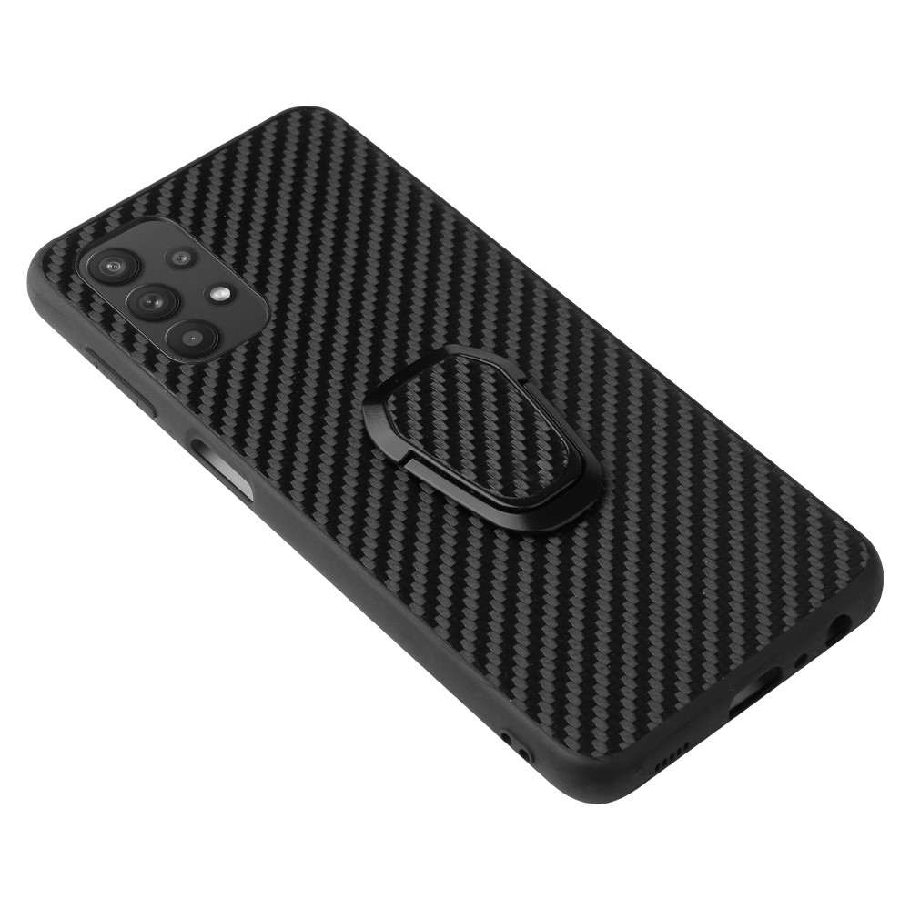 PU Leather Coated TPU Ring-Shape Kickstand Phone Cover Shell for Samsung Galaxy A32 5G - Carbon Fiber Texture-8