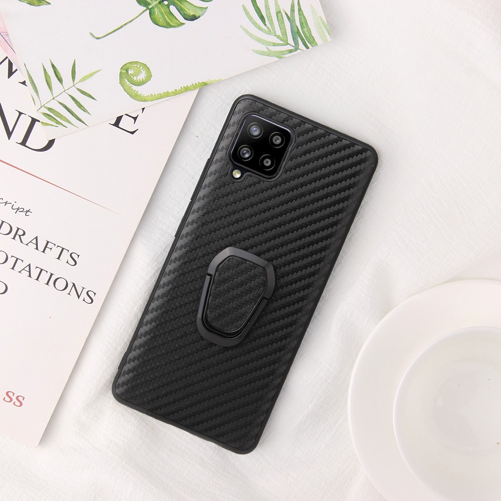 PU Leather Coated TPU Ring-Shape Kickstand Phone Cover Shell for Samsung Galaxy A42 5G - Carbon Fiber Texture-10