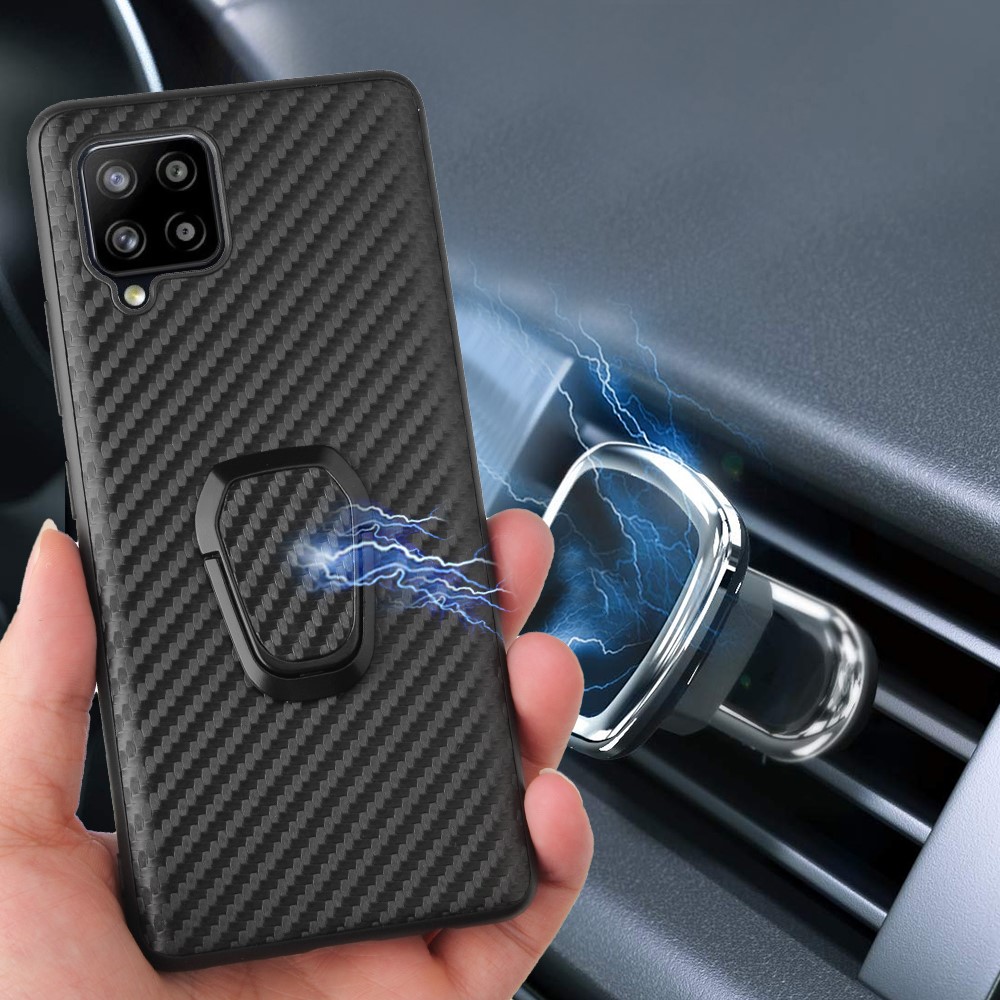 PU Leather Coated TPU Ring-Shape Kickstand Phone Cover Shell for Samsung Galaxy A42 5G - Carbon Fiber Texture-2
