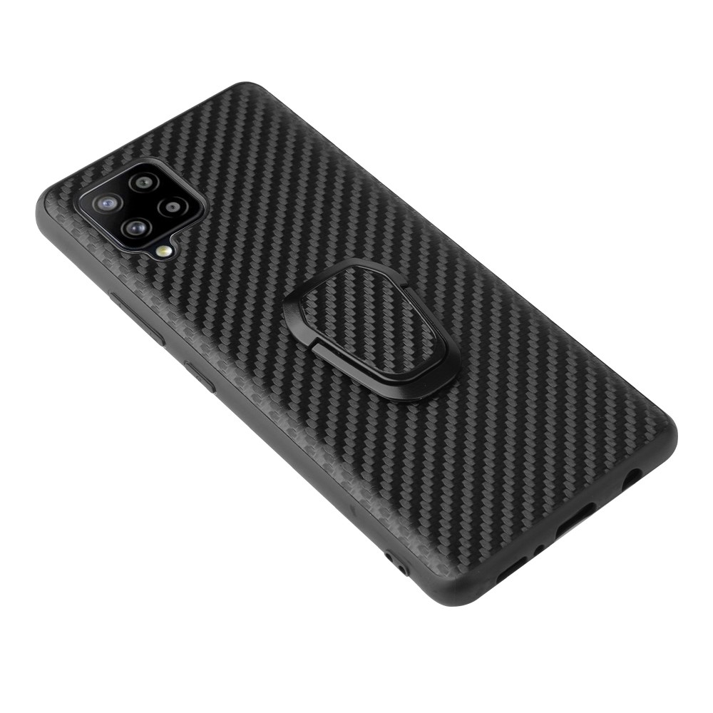 PU Leather Coated TPU Ring-Shape Kickstand Phone Cover Shell for Samsung Galaxy A42 5G - Carbon Fiber Texture-9