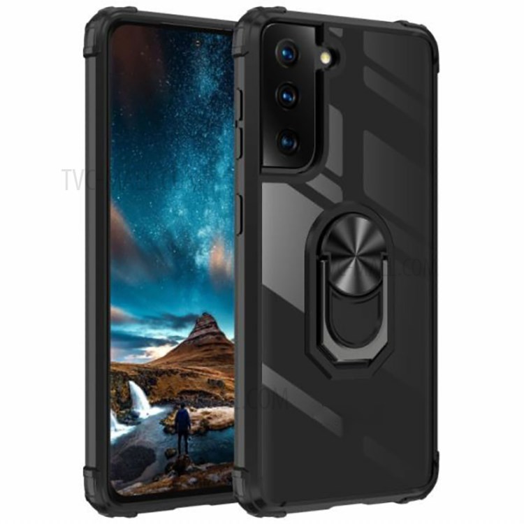 Ring Holder Kickstand Hard PC Panel + Soft TPU Edge Phone Case for Samsung Galaxy S21 FE - Black-1
