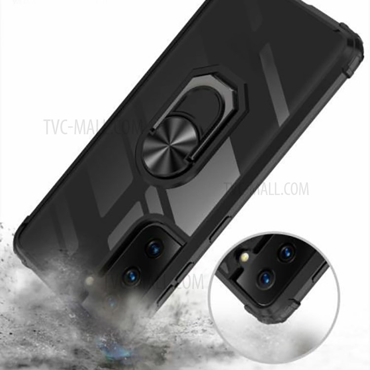 Ring Holder Kickstand Hard PC Panel + Soft TPU Edge Phone Case for Samsung Galaxy S21 FE - Black-2