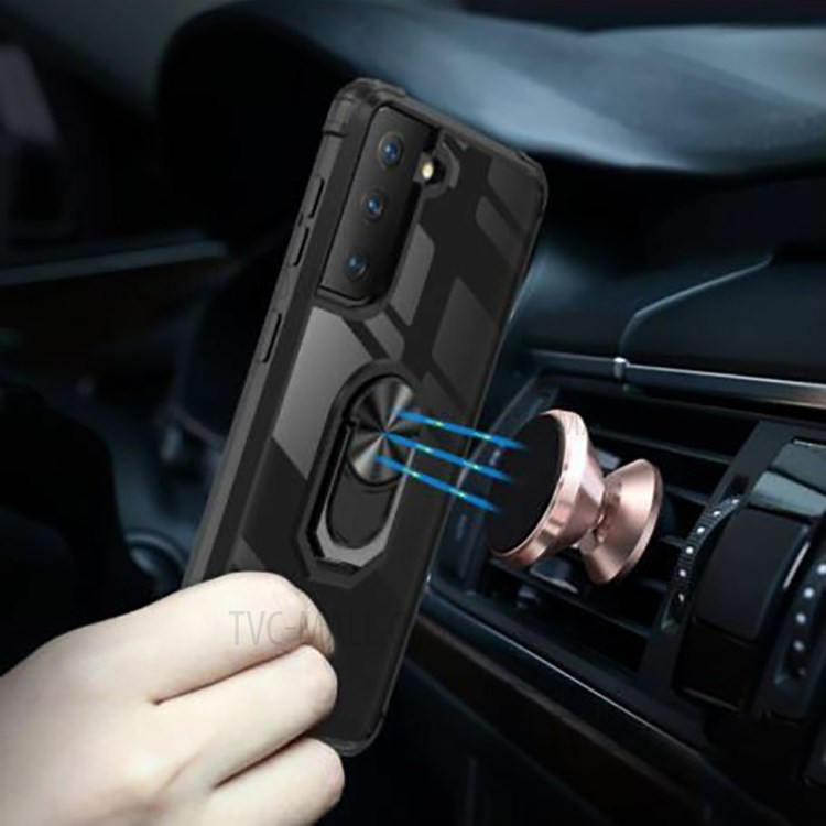 Ring Holder Kickstand Hard PC Panel + Soft TPU Edge Phone Case for Samsung Galaxy S21 FE - Black-3