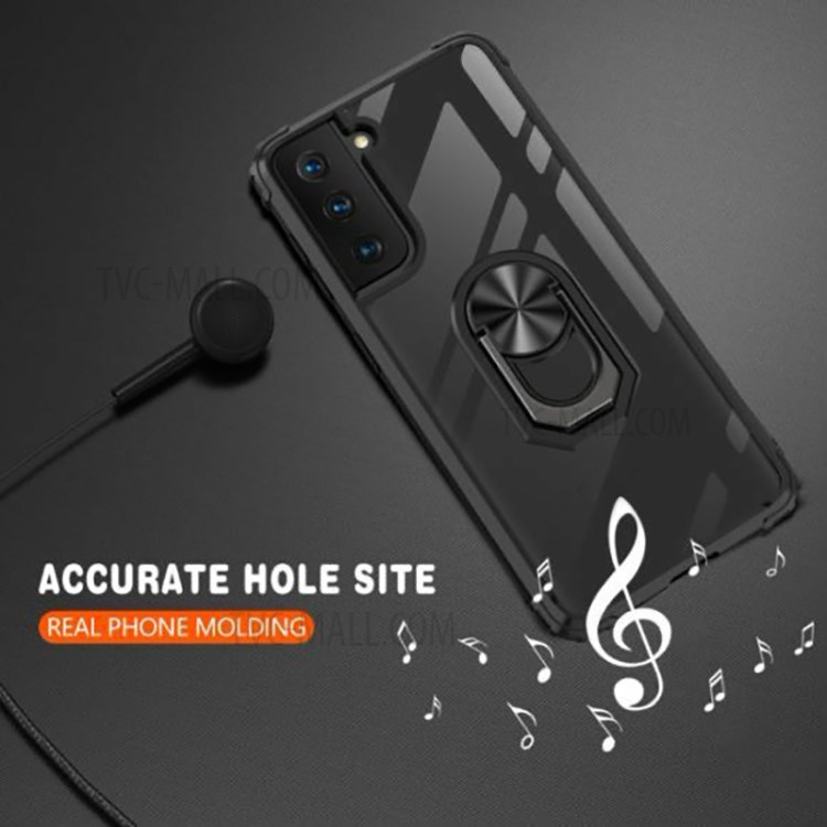 Ring Holder Kickstand Hard PC Panel + Soft TPU Edge Phone Case for Samsung Galaxy S21 FE - Black-6
