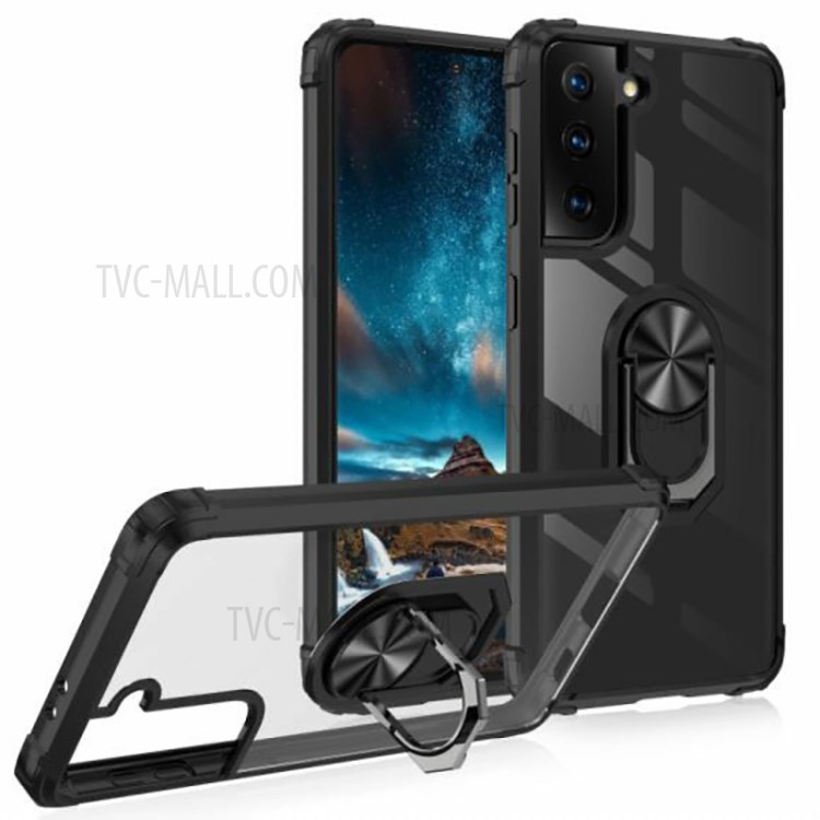 Ring Holder Kickstand Hard PC Panel + Soft TPU Edge Phone Case for Samsung Galaxy S21 FE - Black-8