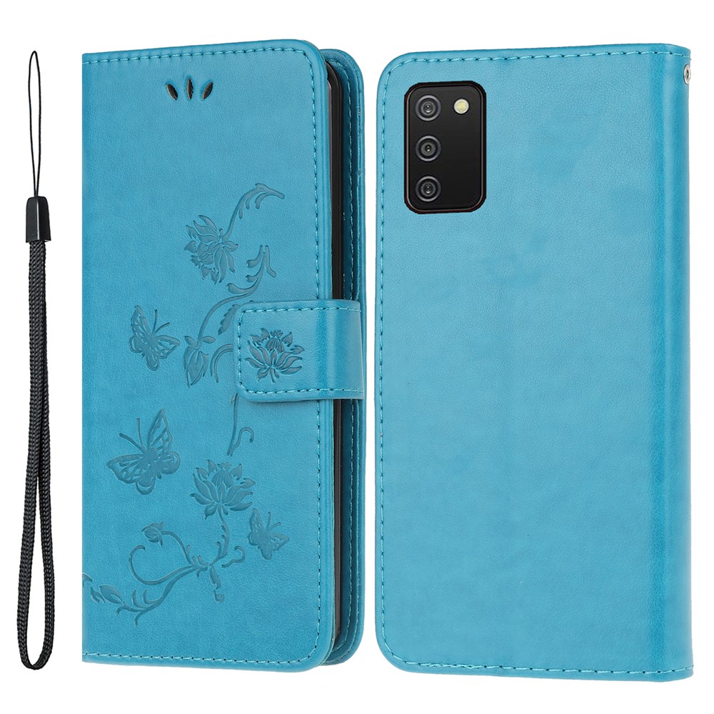 Imprint Flower Butterfly Pattern Leather Wallet Stand Case Cover with Lanyard for Samsung Galaxy A03S (EU Version) - Blue-1