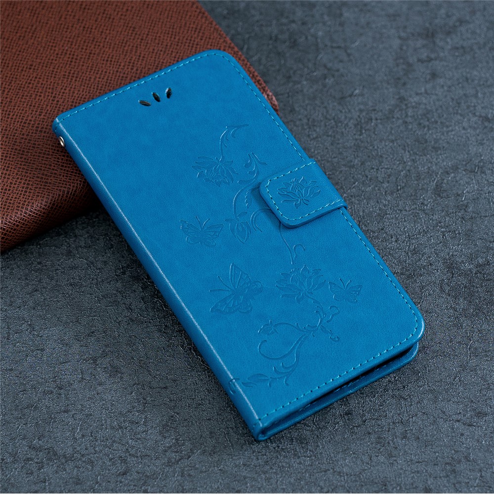 Imprint Flower Butterfly Pattern Leather Wallet Stand Case Cover with Lanyard for Samsung Galaxy A03S (EU Version) - Blue-10