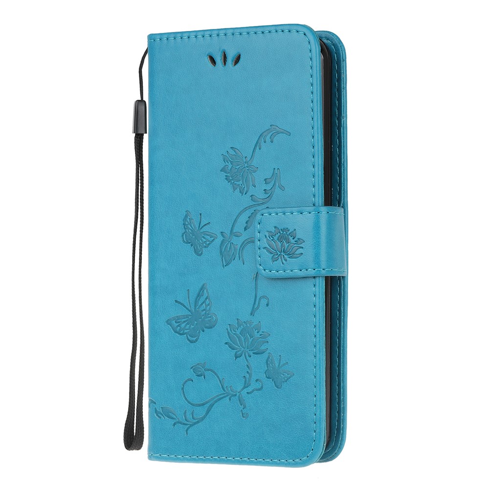 Imprint Flower Butterfly Pattern Leather Wallet Stand Case Cover with Lanyard for Samsung Galaxy A03S (EU Version) - Blue-6