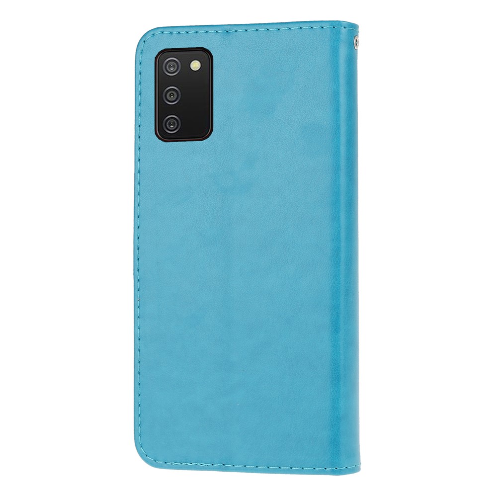 Imprint Flower Butterfly Pattern Leather Wallet Stand Case Cover with Lanyard for Samsung Galaxy A03S (EU Version) - Blue-7