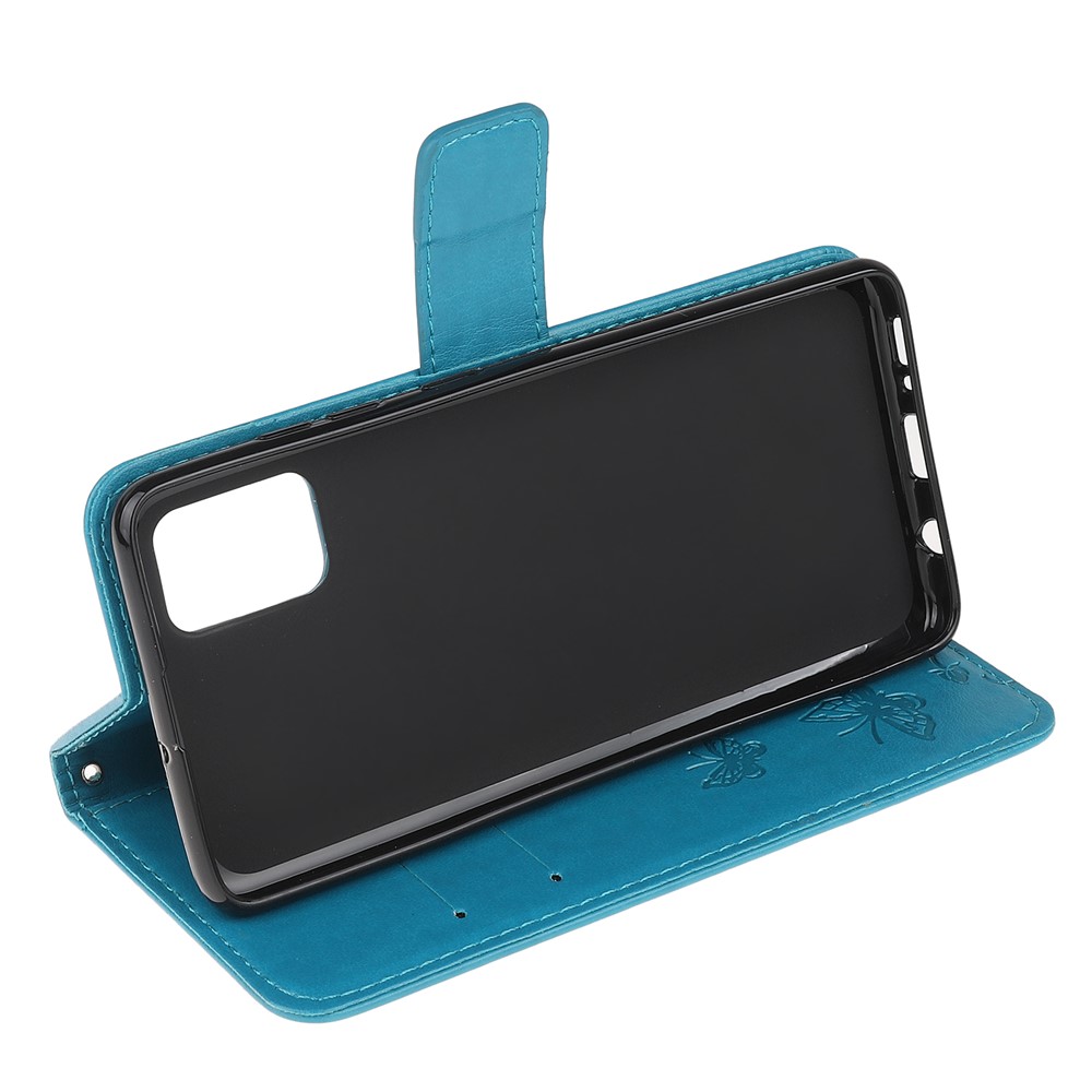 Imprint Flower Butterfly Pattern Leather Wallet Stand Case Cover with Lanyard for Samsung Galaxy A03S (EU Version) - Blue-8