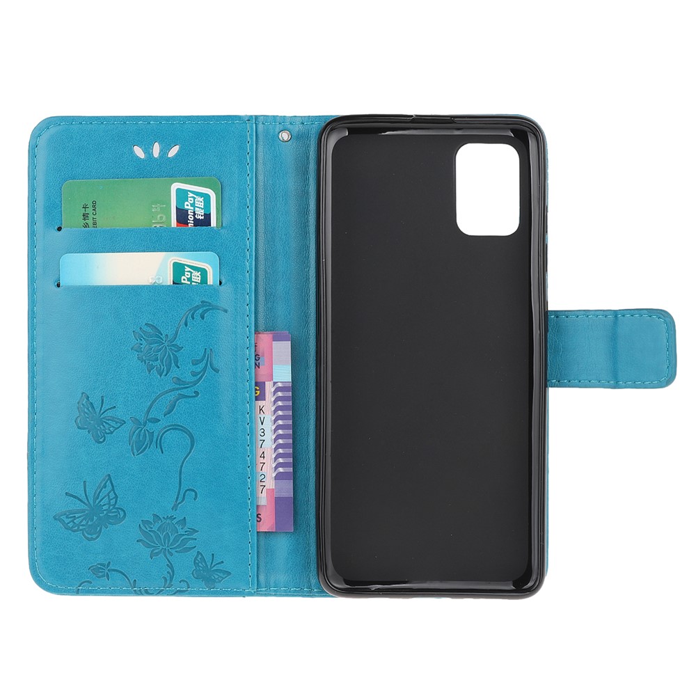 Imprint Flower Butterfly Pattern Leather Wallet Stand Case Cover with Lanyard for Samsung Galaxy A03S (EU Version) - Blue-9