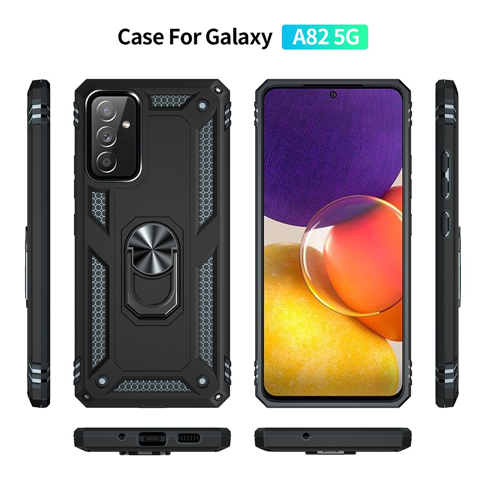 PC + TPU Combo Hybrid Phone Shell Shock-Absorbed Cover with Ring Kickstand for Samsung Galaxy A82 5G - Black-8