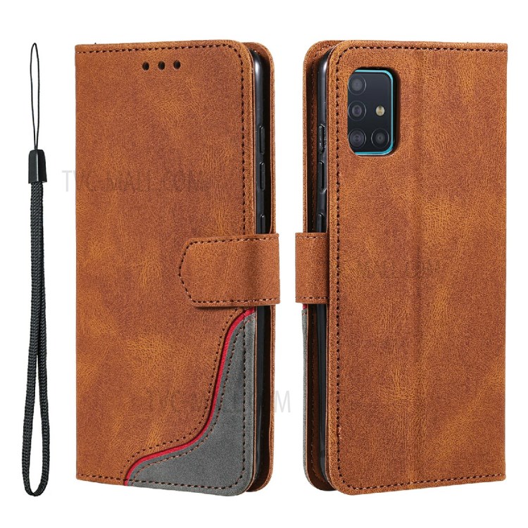 Wallet Stand Design Skin-touch Feeling Tri-Color Splicing PU Leather Phone Case Cover for Samsung Galaxy A71 4G SM-A715 - Brown-1
