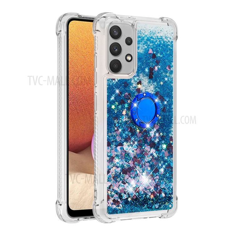 Glitter Liquid Sparkle Floating Shiny Quicksand Finger Ring Kickstand Clear Soft TPU Cover for Samsung Galaxy A32 4G (EU Version) - Blue Hearts-2
