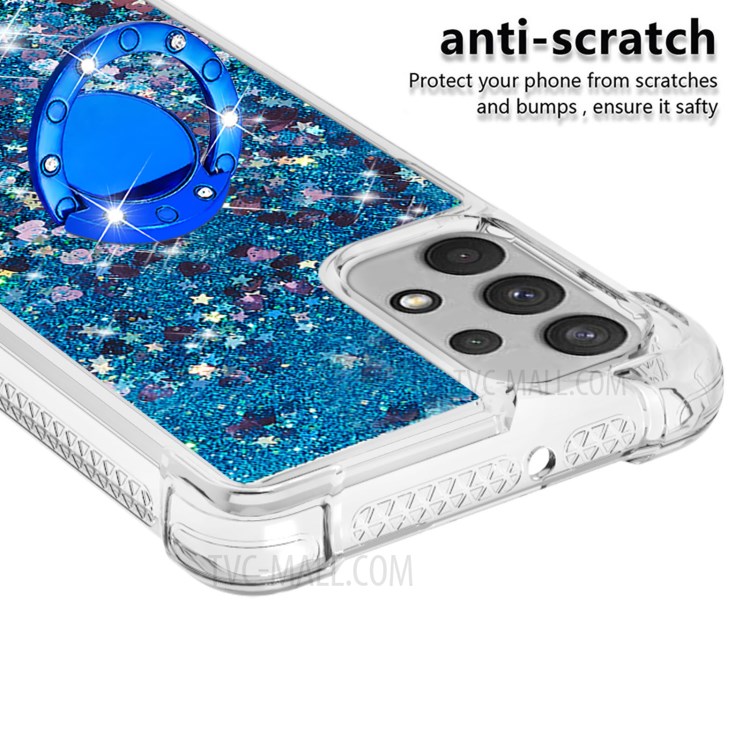 Glitter Liquid Sparkle Floating Shiny Quicksand Finger Ring Kickstand Clear Soft TPU Cover for Samsung Galaxy A32 4G (EU Version) - Blue Hearts-3