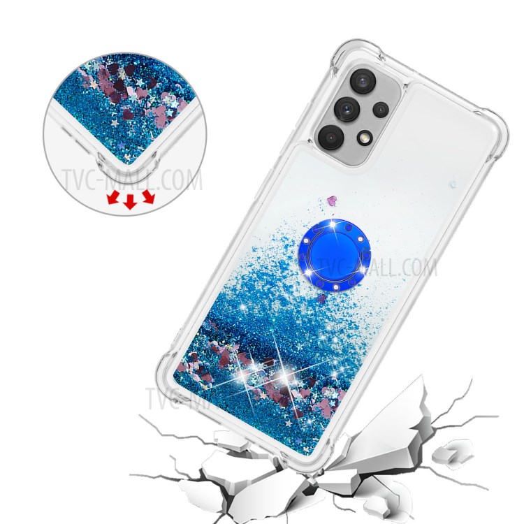 Glitter Liquid Sparkle Floating Shiny Quicksand Finger Ring Kickstand Clear Soft TPU Cover for Samsung Galaxy A32 4G (EU Version) - Blue Hearts-4