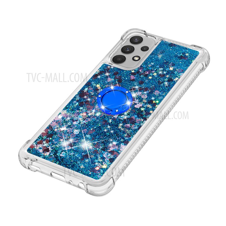 Glitter Liquid Sparkle Floating Shiny Quicksand Finger Ring Kickstand Clear Soft TPU Cover for Samsung Galaxy A32 4G (EU Version) - Blue Hearts-5
